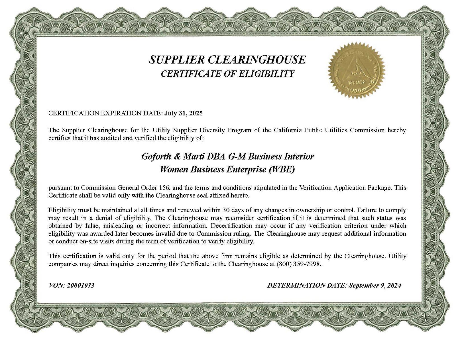 2024 2025 Supplier Clearinghouse WBE Certificate