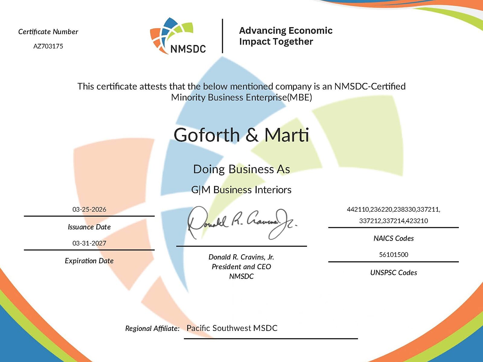 MBE Certification NMSDC expiration date 03 31 2027